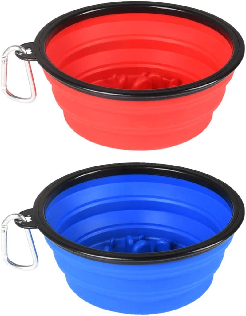 Large Portable Collapsible Dog Bowls - 34oz Foldable Slow Feeder Dishes for Travel, Hiking, and Camping (Set of 2)