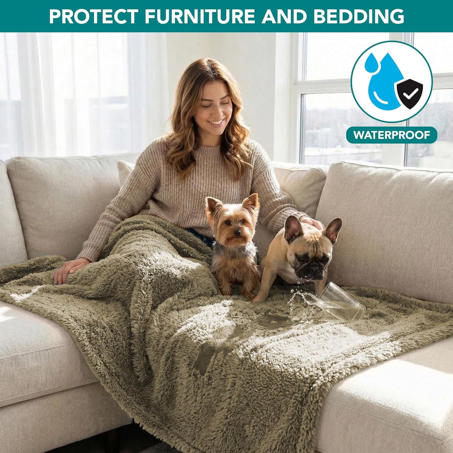 Reversible Sherpa Pet Blanket - Waterproof and Washable Furniture Protector for Dogs and Cats (Taupe Camel, 24x32)