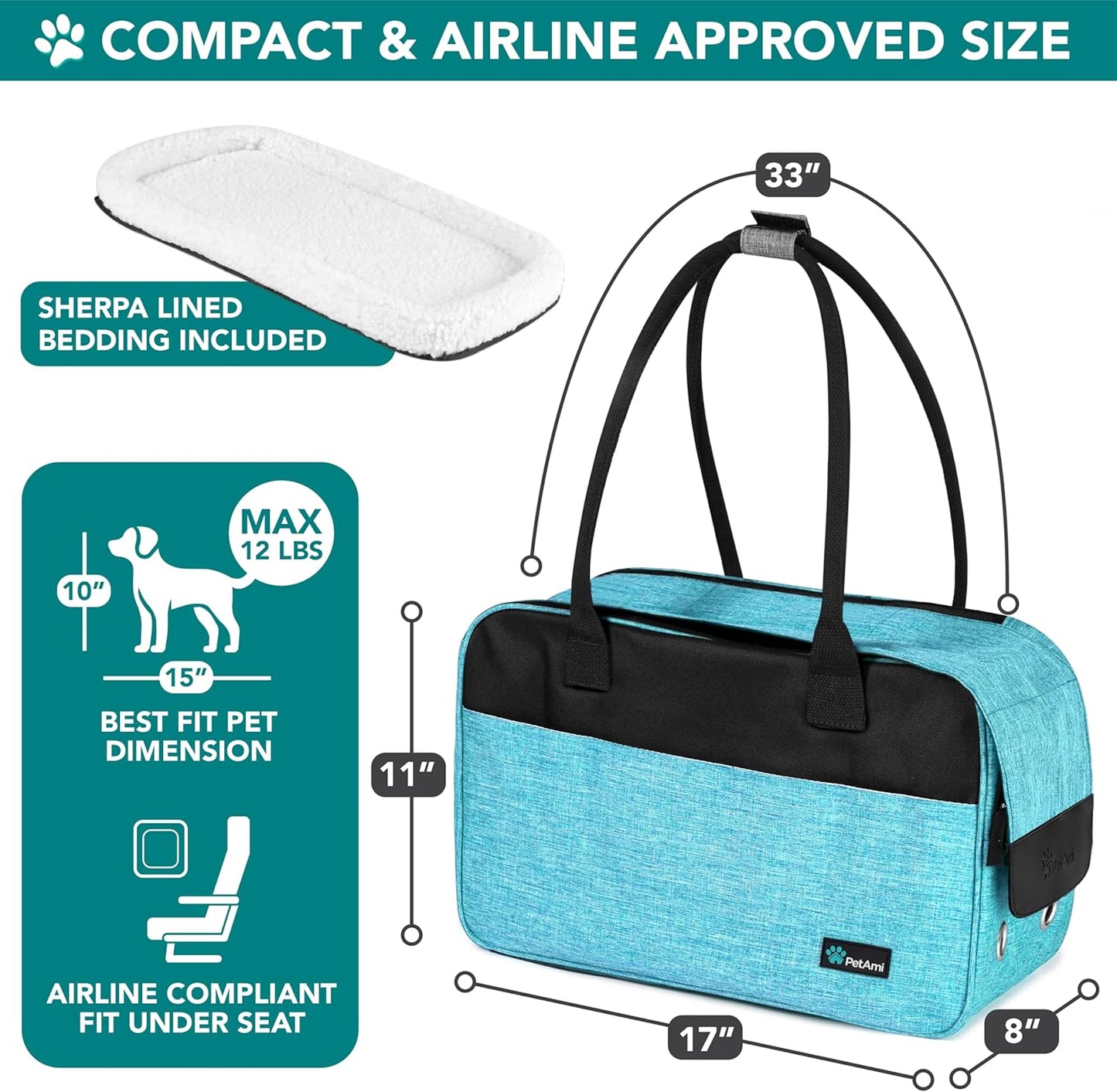 Soft-Sided Pet Carrier for Small Dogs and Cats, TSA Approved Travel Tote with Ventilation, Pockets, Bed, and Shoulder Strap, Maximum Weight 12 lbs, Turquoise