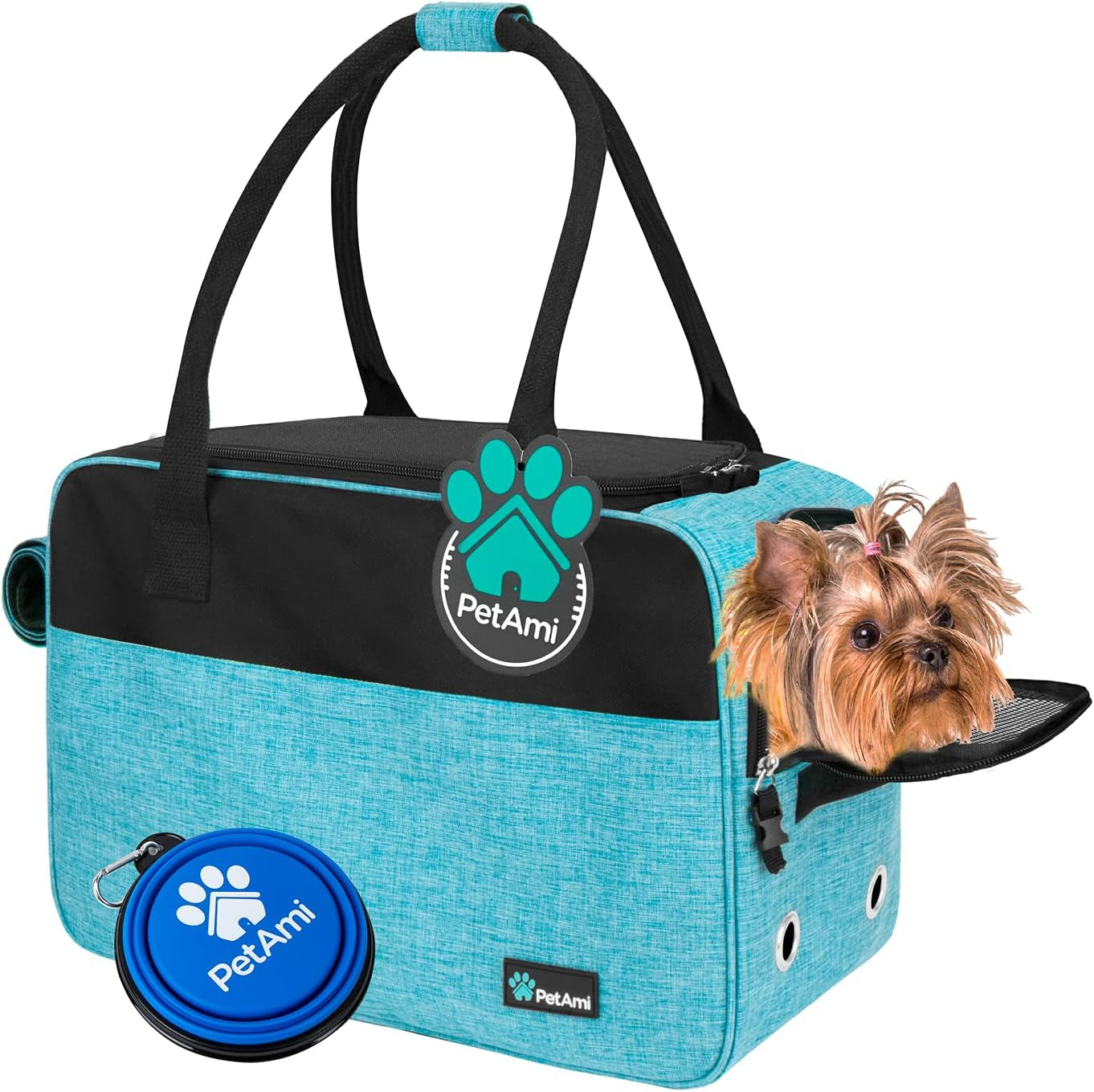 Soft-Sided Pet Carrier for Small Dogs and Cats, TSA Approved Travel Tote with Ventilation, Pockets, Bed, and Shoulder Strap, Maximum Weight 12 lbs, Turquoise