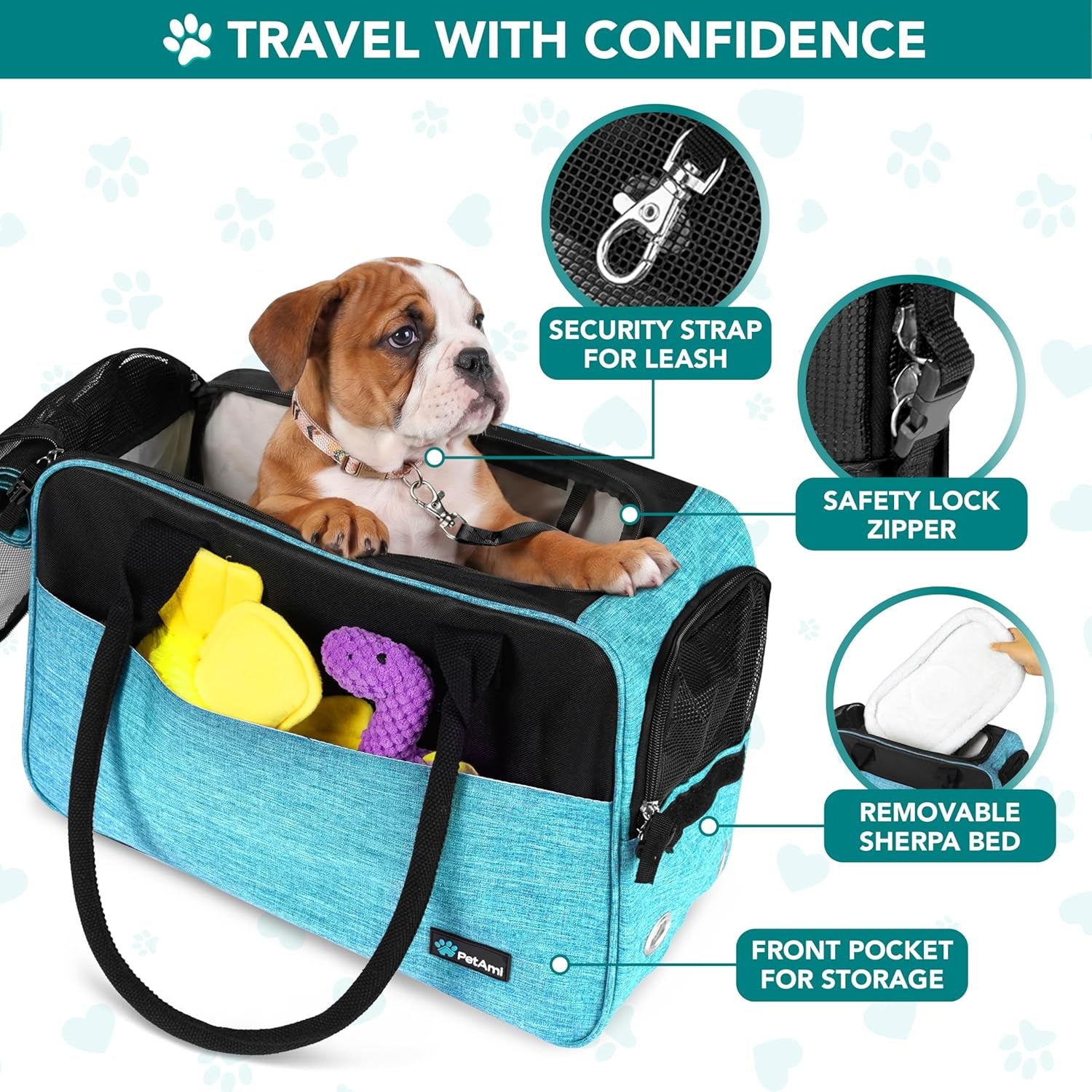 Soft-Sided Pet Carrier for Small Dogs and Cats, TSA Approved Travel Tote with Ventilation, Pockets, Bed, and Shoulder Strap, Maximum Weight 12 lbs, Turquoise