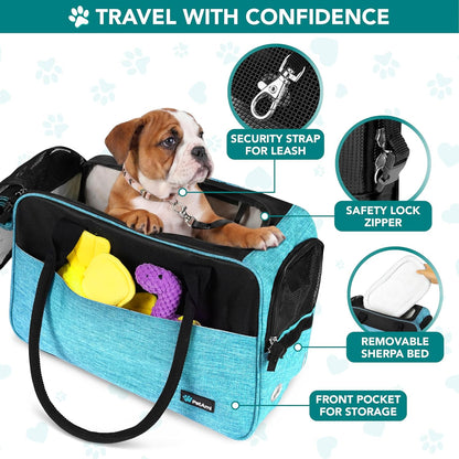 Soft-Sided Pet Carrier for Small Dogs and Cats, TSA Approved Travel Tote with Ventilation, Pockets, Bed, and Shoulder Strap, Maximum Weight 12 lbs, Turquoise