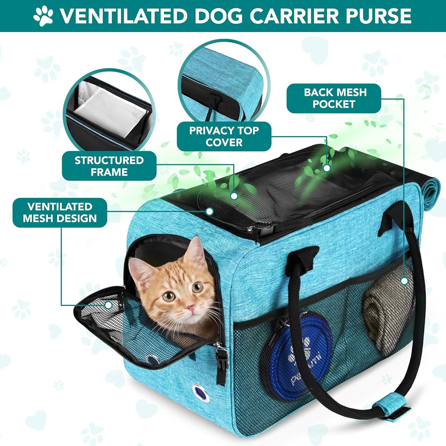 Soft-Sided Pet Carrier for Small Dogs and Cats, TSA Approved Travel Tote with Ventilation, Pockets, Bed, and Shoulder Strap, Maximum Weight 12 lbs, Turquoise
