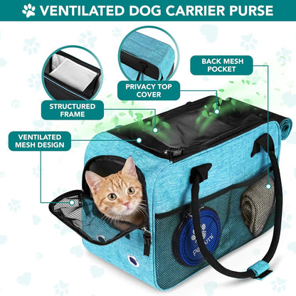 Soft-Sided Pet Carrier for Small Dogs and Cats, TSA Approved Travel Tote with Ventilation, Pockets, Bed, and Shoulder Strap, Maximum Weight 12 lbs, Turquoise