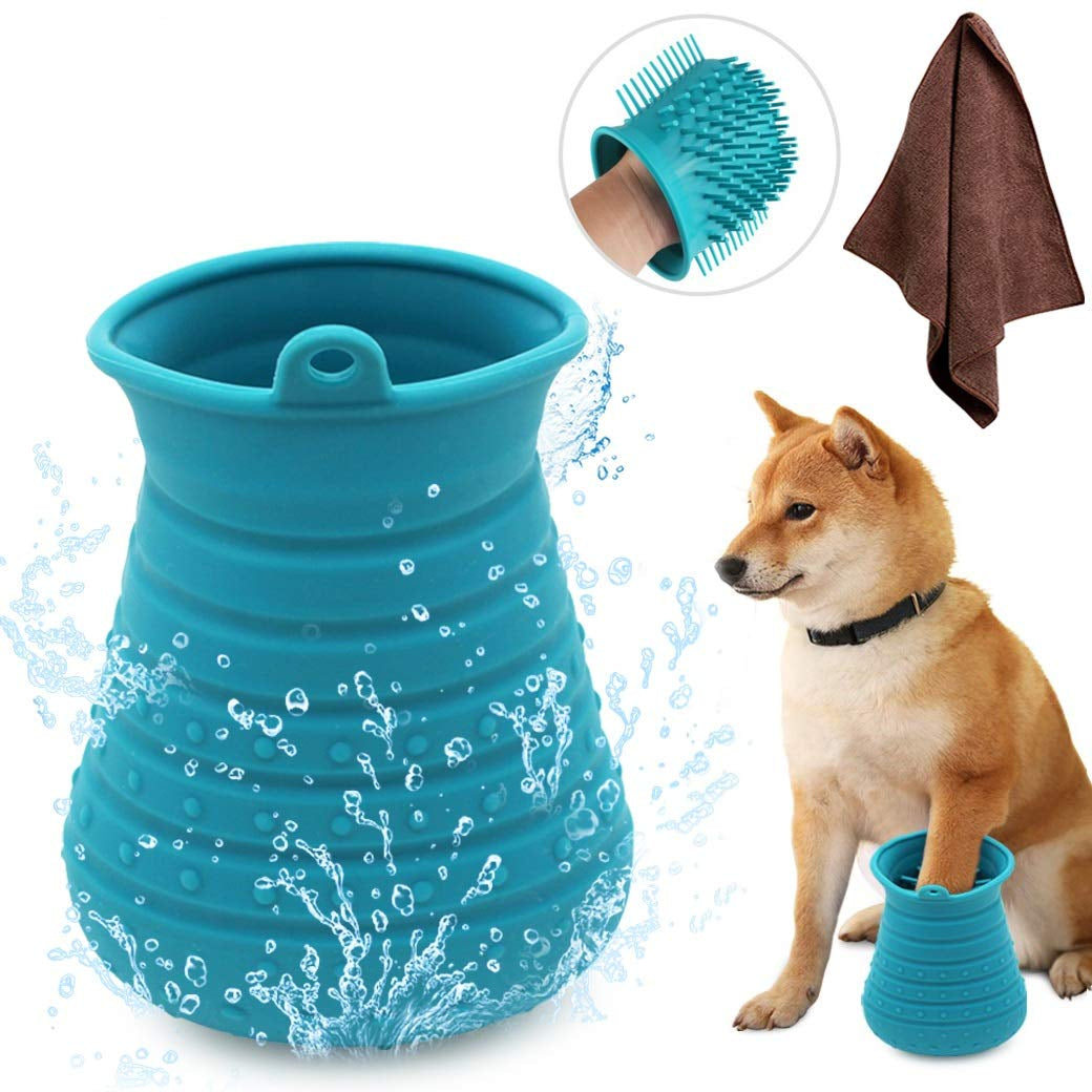 Portable Pet Paw Cleaner Cup with Towel - Foot Washing and Grooming Tool for Dogs and Cats (Blue)