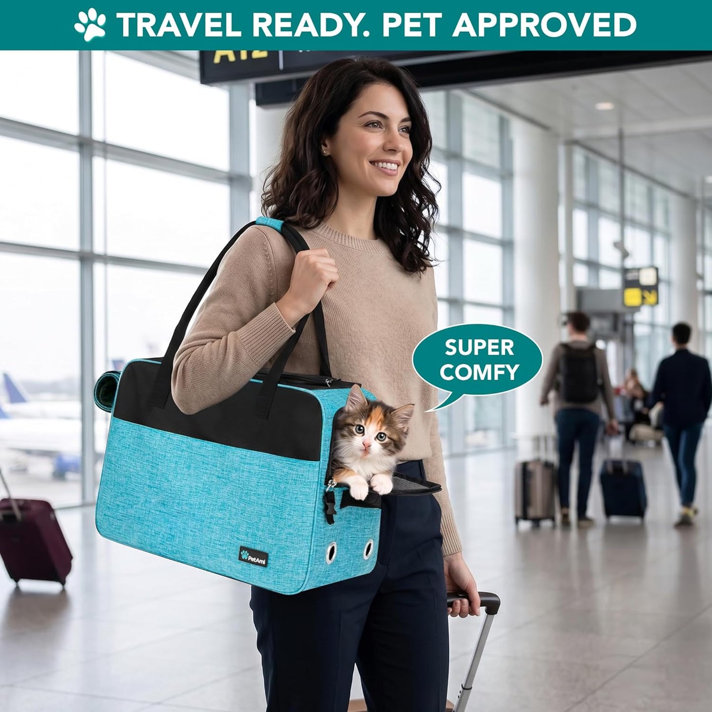Soft-Sided Pet Carrier for Small Dogs and Cats, TSA Approved Travel Tote with Ventilation, Pockets, Bed, and Shoulder Strap, Maximum Weight 12 lbs, Turquoise